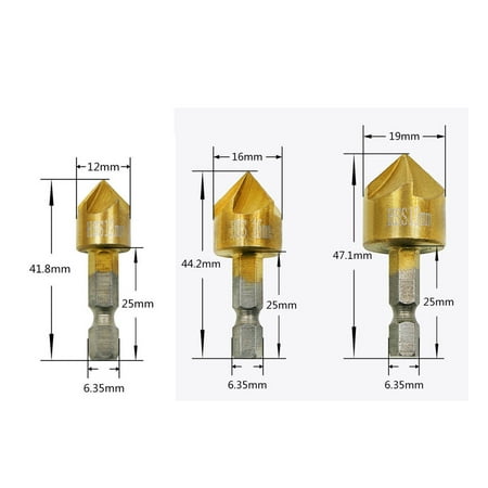 

MIARHB 3 Pcs Flute Countersink Drill Bit Set Counter 12-19mm Sink Chamfer Cutter