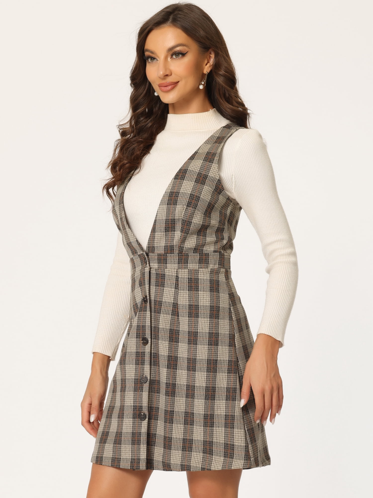 DARING DIVA Houndstooth Plaid Suspenders Pinafore Overall Dress M Brown Orange