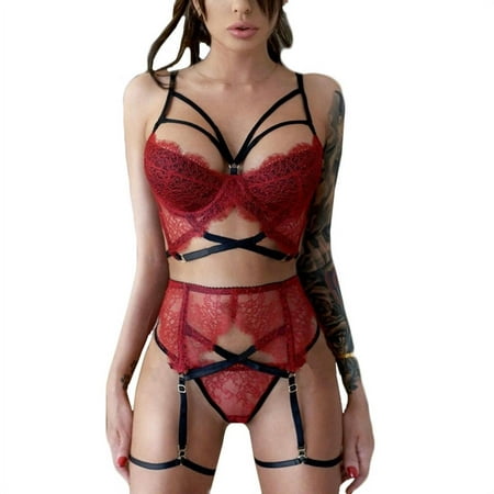 

Ydkzymd Body Stockings Lingerie Set for Women with Garter Belt Naughty Sexy Strappy Lace Bra and Panty Sets Plus Size Red M-3XL
