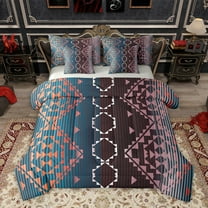 Homewish Adult Bohemian Abstract Bedding Comforter Set 7 Pieces, Teal Pink Hippie Aztec Full Bedding Set, Chic Old Fashion Reversible Fitted Sheet Flat Sheet, Lightweight Room Decor