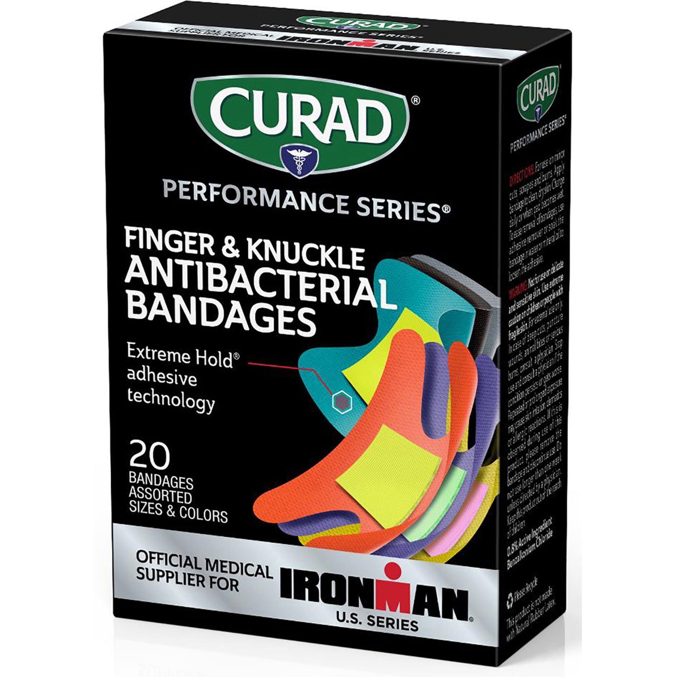Curad Performance Series Ironman Fingertip and Knuckle Antibacterial Bandages, Extreme Hold Adhesive Technology, Fabric Bandages, 20 ct (Pack of 1)