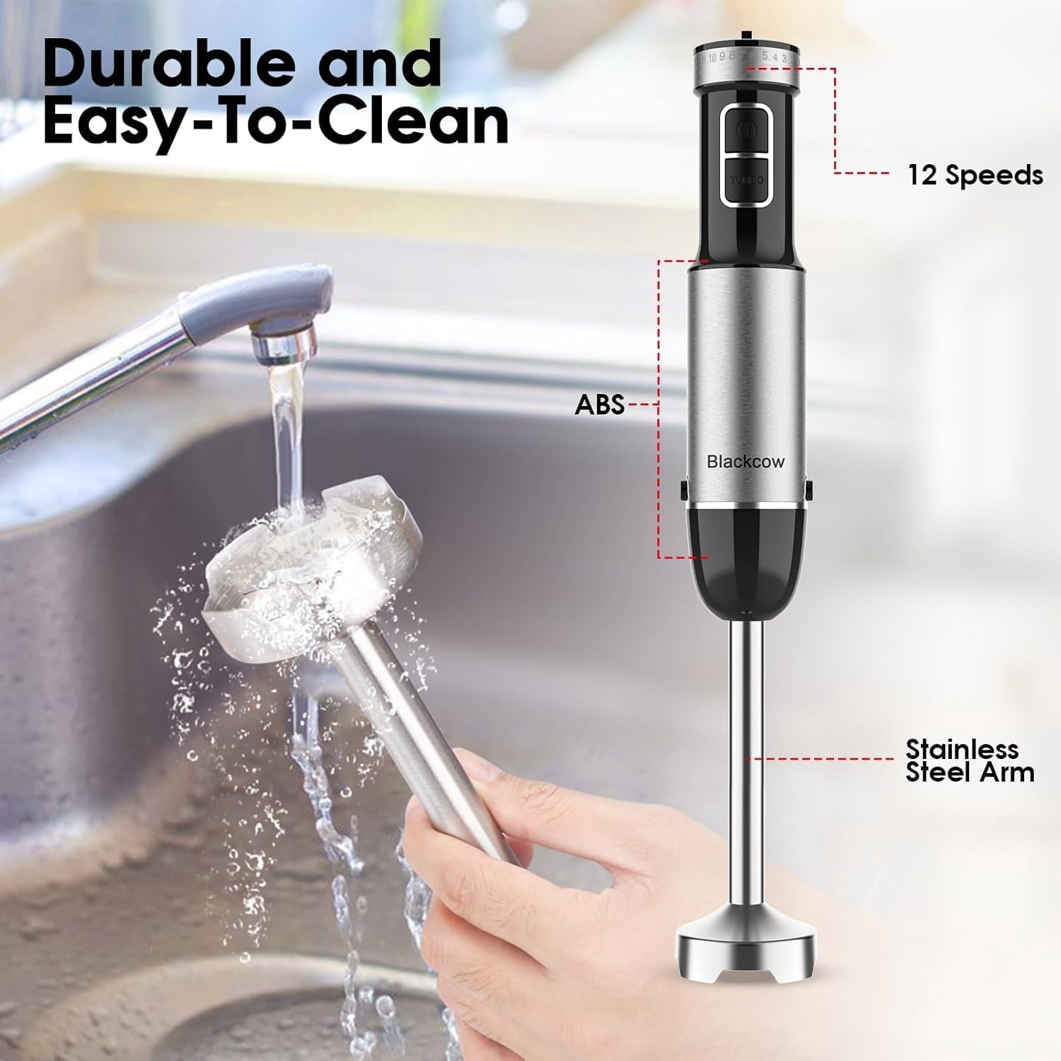 Blackcow Immersion Blender Handheld, 800W Powerful Electric Hand with Titanium Alloy Blades, 12 Speeds & Turbo, Mixer for Smoothies, Soups, Baby Food and Purees