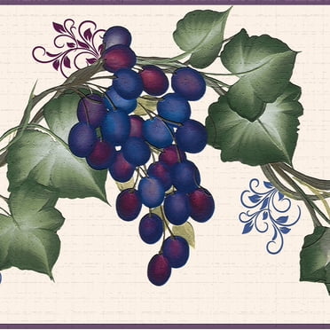 Peel & Stick Wallpaper Border - Floral Grape Vine Pattern In Blue, Purple & Green