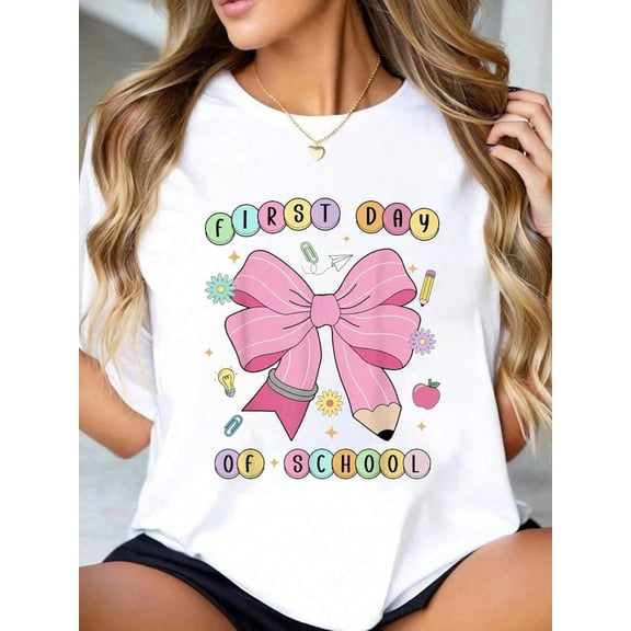100% Cotton First Day Of School Teachers Pencil Bow Back To School Kids T-Shirt Women's Men's Graphic Tee,Casual Short Sleeve Shirt
