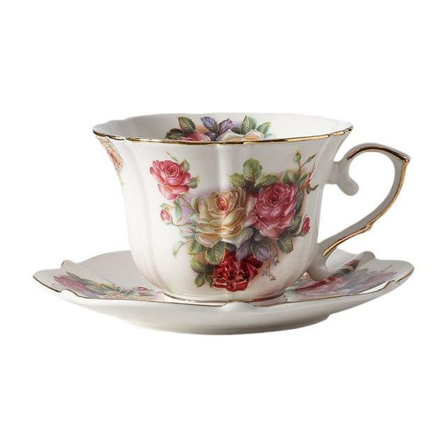 Juego de taza y platillo de café de cerámica, taza de con estampado floral suave, taza de café, taza de té para el té de en