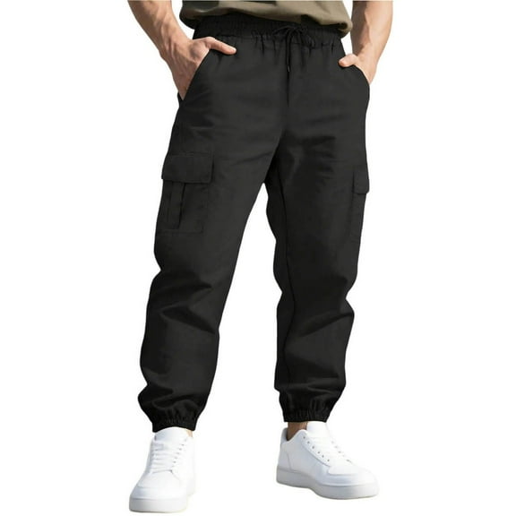 Enjoytime Mens Joggers Solid Color Elastic Waist Straight Leg Trousers Outdoor Workout Cargo Pants Plus Size Fashion Sweatpants with Multi Pocket Black L