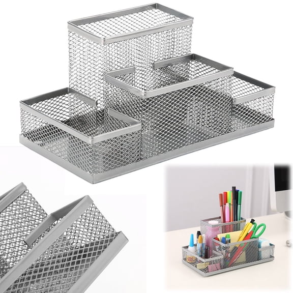 Desk Organizer and Mesh Pen Holder - 4 Compartment Gray Metal Desk Caddy for Office Supplies, Pencils, Scissors | Teacher & Student Desktop Organizer, Office Supplies, Desk Accessories & Organizers