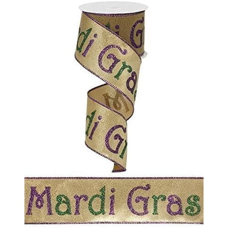 Mardi Gras Wired Ribbon 2.5 Inch X 10 Yards Gold Lame Print : RG01526