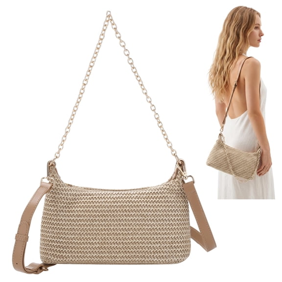 Woven Straw Shoulder Bag for Women, 3-in-1 Versatile Tan Woven Bag with Detachable Chain and Adjustable Faux Leather Strap, Chic Retro Summer Beach Purse