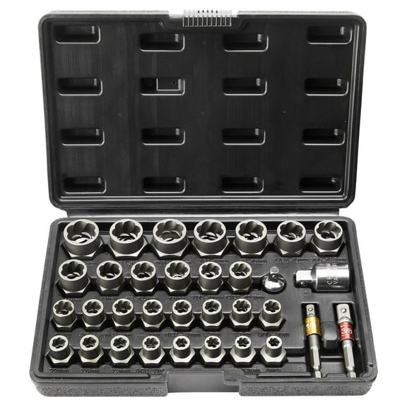 Bolt Extractor Set 29-Piece, 6mm-10mm & 13/32"-3/4", CR-MO Steel Nut Remover for Damaged/Rusted Bolts & Nuts w/ Case