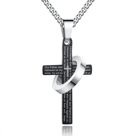 Men's Stainless Steel Our Father Lord's Prayer Halo Ring Cross Pendant