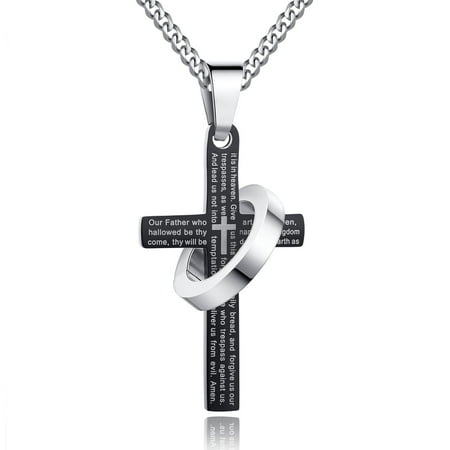 - Men's Stainless Steel Our Father Lord's Prayer Halo Ring Cross Pendant Necklace