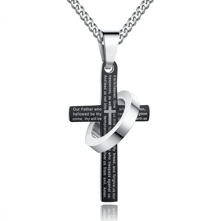 Men's Stainless Steel Our Father Lord's Prayer Halo Ring Cross Pendant