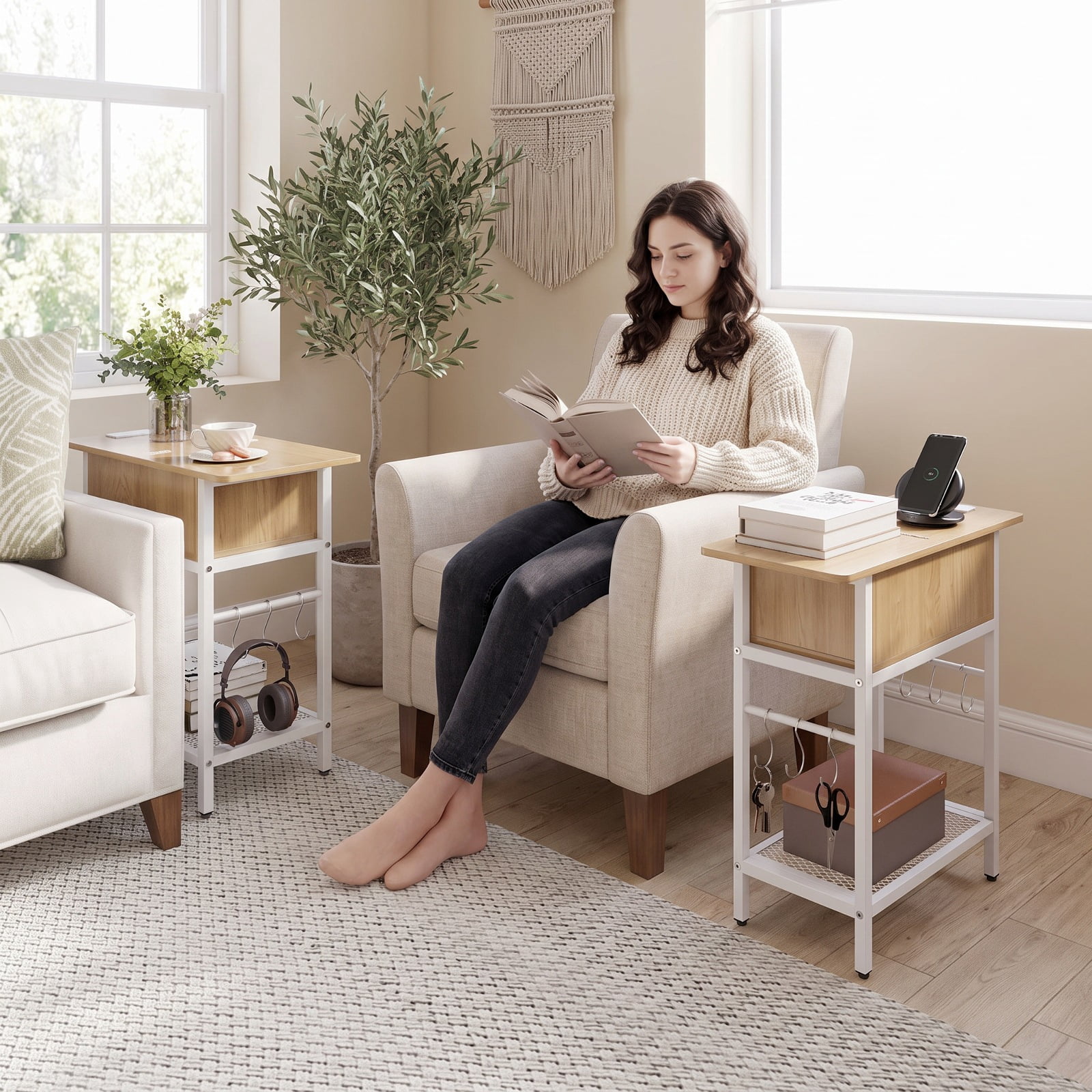 Furnibear Set of 2 End Table with Charging Station and Hidden Compartment USB Type C Ports and Bottom Shelf for Living Room Bedroom, Natural