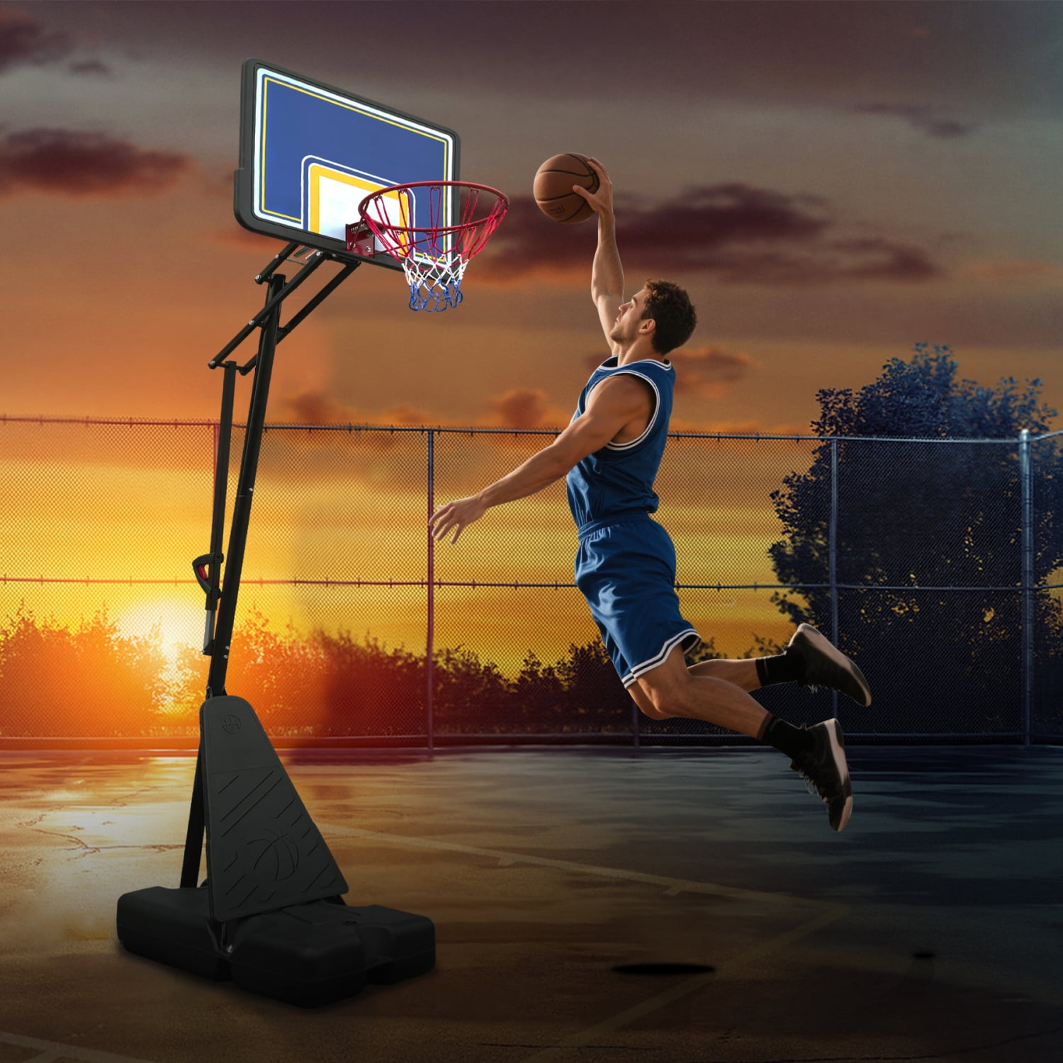 Youmumeub Portable Basketball Hoop, Adjustable Height 8-10 ft Basketball Goal, 39" Polycarbonate Backboard with Rebound System & Wheels, Indoor/Outdoor Hoop for Youth & Adults (Black/Blue)