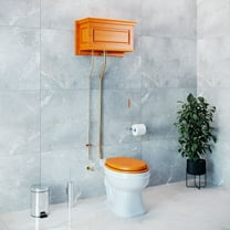 Renovators Supply High Tank Pull Chain Toilet w/Light Oak Wooden Raised High Tank 70" to 74" Adjustable Height Brass L Pipe and Round Toilet Bowl