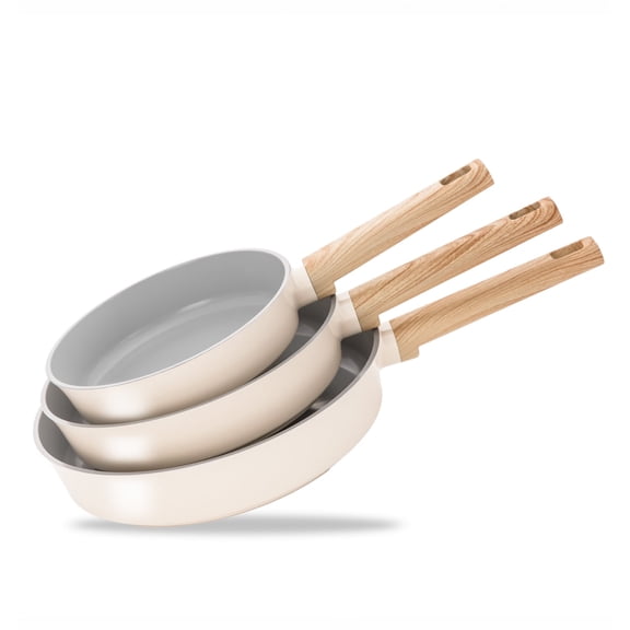 Koch Systeme CS 3-Piece Nonstick Aluminum Frying Pan Set - 8 9.5 11 inch, Induction Compatible Skillet Set, Dishwasher Safe, Cream White