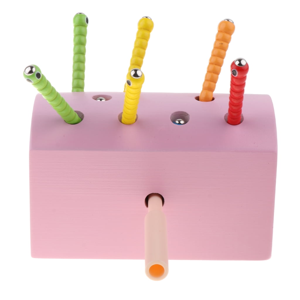 Wooden Catch Worm Game with Magnetic Pole and 10 Worms Toys for Kids Pink 