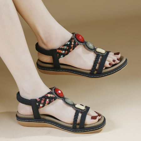 

Miluxas Womens Sandals Shoes Clearance Comfort Walking with Non Slip on Casual Summer Beach Shoes Dress Ankle Elastic Jeweled Bohemian Flats Black