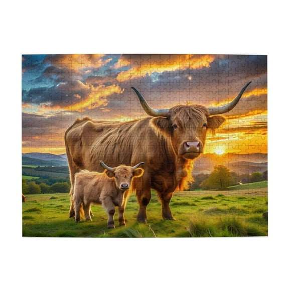 500-Piece Wooden Jigsaw Puzzle for Adults & Families - Highland Cattle Sunset Field , Fun & Educational Brain-Teasing Game, Artistic Home Decor