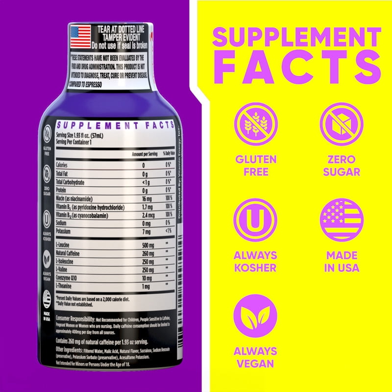Vitamin Energy Focus+ Extra Strength Shot, Berry, 48 Pack – 260mg Natural Caffeine, CoQ10 & B-Vitamins, Zero Sugar, 1.93 fl oz