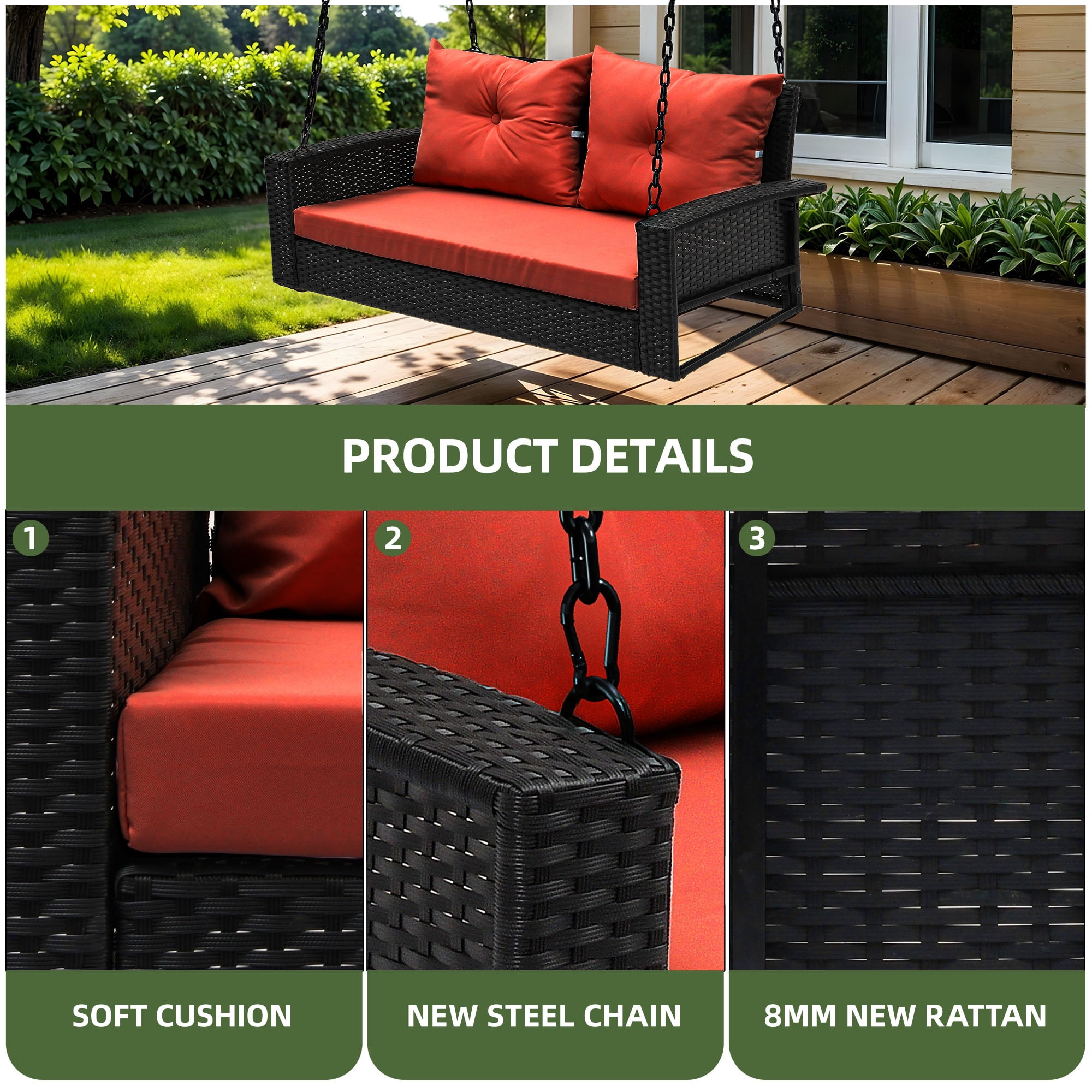 Uforic Dual-Seater Outdoor Swing Chair, Elegant Black Rattan Patio Lounge with Red Cushions and a Strong Capacity of 770lbs for Garden, Balcony, and Living Room