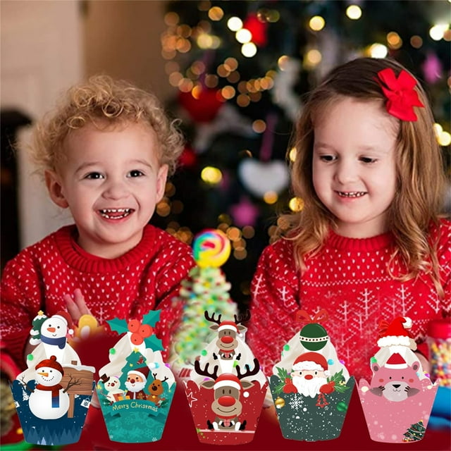 Fiudx Adornos Navideños para Cupcakes, Diseños de Muñeco de Nieve, Papá Noel, Reno y Elfo, 24 Adornos de Doble Cara, 24 Envoltorios, Decoración Festiva para Fiestas, Tamaño Estándar, Diámetro de 7,6
