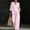 Pink, variant on Womens Stripe Casual Two Piece Outfit V-Neck 3/4 Bell Sleeve Top Elastic Waist Wide Leg Pants with Pockets Loungewear Set Pink XL(XL)