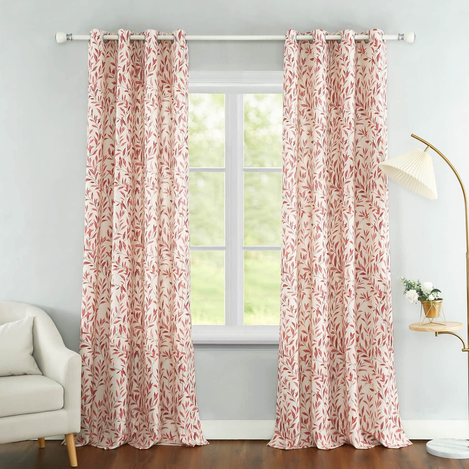 VOGOL Linen Textured Printed Window Drapes, Green Leaves Country Curtains for Bedroom Living Room, Grommets, W52"xL63", One Panel, Red