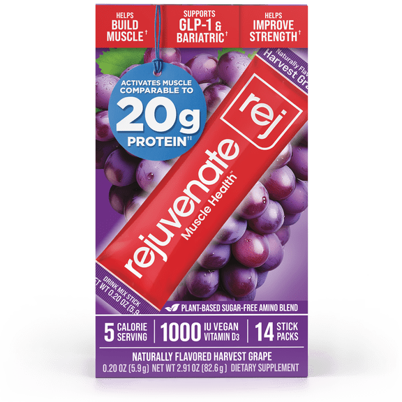 Rejuvenate, Perfect Amino Blend, 1 Stick comparable to 20g Whey Protein, 5 Calories, Vegan, EAA BCAA for Muscle Growth, Strength & Energy, GLP-1 & Bariatric Support, No Bloat, No Sugar- Grape 14