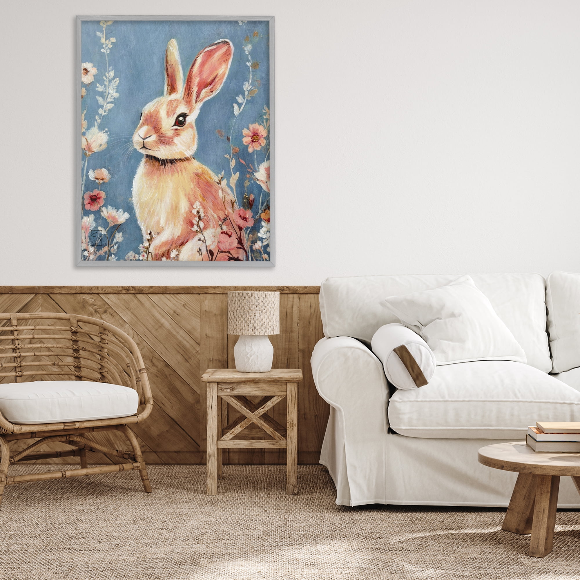 Stupell Industries Whimsical Rabbit on Blue Gray Framed Giclee Art, design by Sara Culpepper