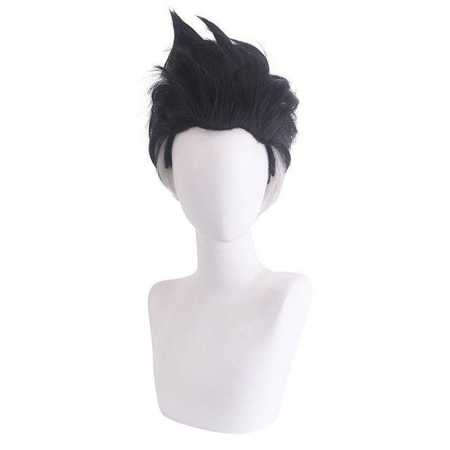 Peluca corta para cosplay, negra, puntiaguda, sintética, resistente al calor, 30 cm
