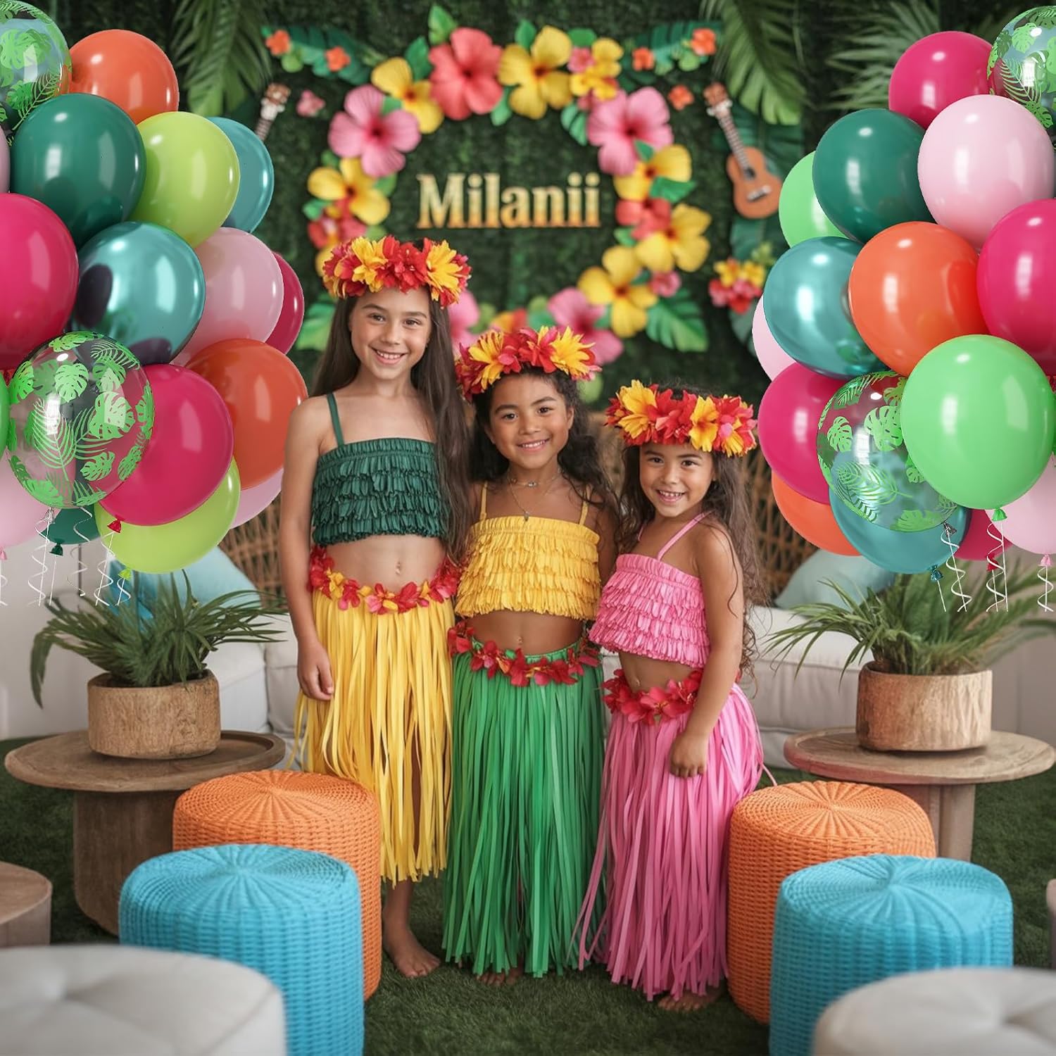 Tropical Balloons, 60 PCS Summer Hawaiian Balloons, Hot Pink Lime Green Orange Metallic Latex Balloon Palm Leaves Helium Party Balloon for Baby Shower Aloha Luau Beach Summer Party Decorations