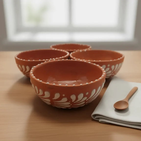 Set of 4 Handcrafted Brown & White Talavera Bowls | Artisan Dinnerware