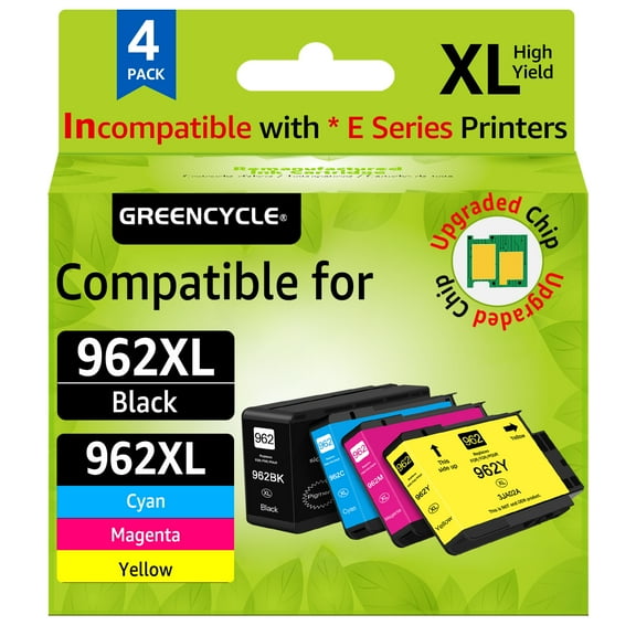GREENCYCLE 962XL High Yield Ink Cartridges Combo Pack Replacement for HP 962 XL Compatible with OfficeJet Pro 9010 9015 9018 9025 9029 Printer(1 Black 1 Cyan 1 Magenta 1 Yellow)