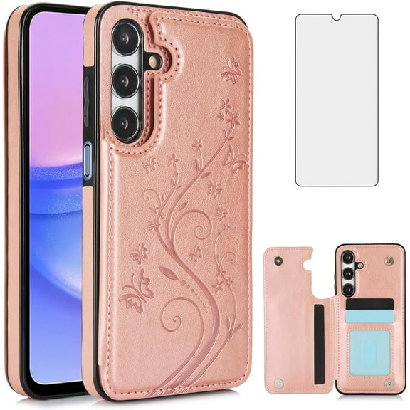Phone Case for Samsung Galaxy A15 5G/4G with Tempered Glass Screen Protector Card Holder Wallet Cover Stand Flip Leather Cell Accessories Glaxay A 15 15A SM A156B A155F Cases Women Rose Gold