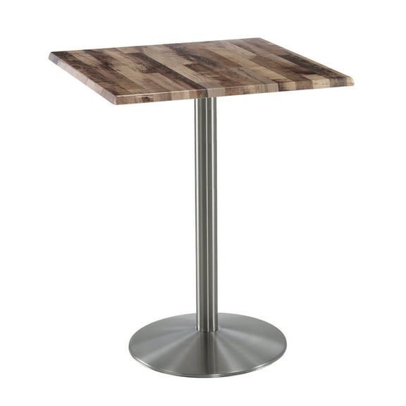 Holland 42" Stainless Round Base Square Table in 30" Rustic Top