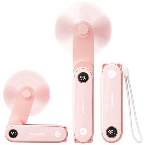 SWEETFULL Portable Handheld Mini Fan with LED Display, 3-in-1 Personal Foldable USB Rechargeable Hand Held Fan, Flashlight for Travel, Lash Eyelash, Cute Small Pocket for Women, Girls (Pink)