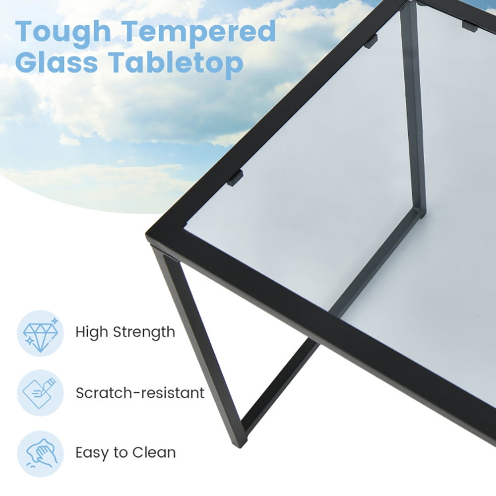 Finihen Side Table, Glass Side Table, Tempered Glass Side Table with Metal Frame, for Indoor and Outdoor, Black