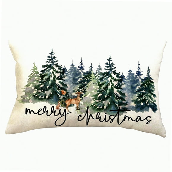 Winter Forest Farmhouse Pillow Covers - Set of 2 Watercolor Rustic Style Cushion Cases 12x20 for Holiday Decorations on Couch