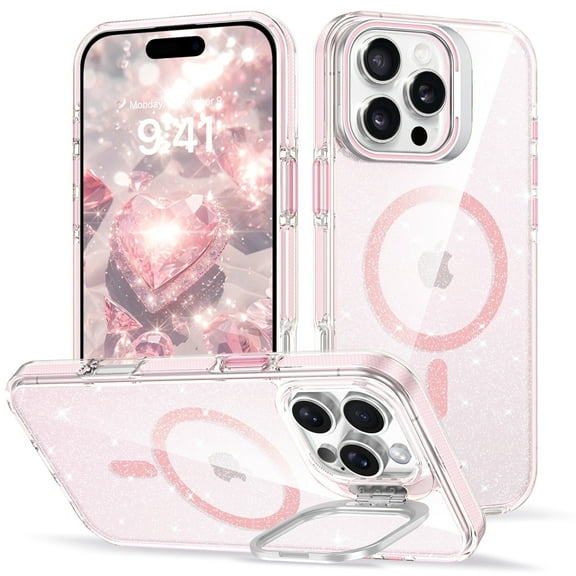 VENINGO Magnetic for iPhone 16 Pro Max Case with Camera Frame Stand Compatible with Mag-safe, Shockproof Anti Slip Clear Crystal Glitter Phone Case 6.9", Pink
