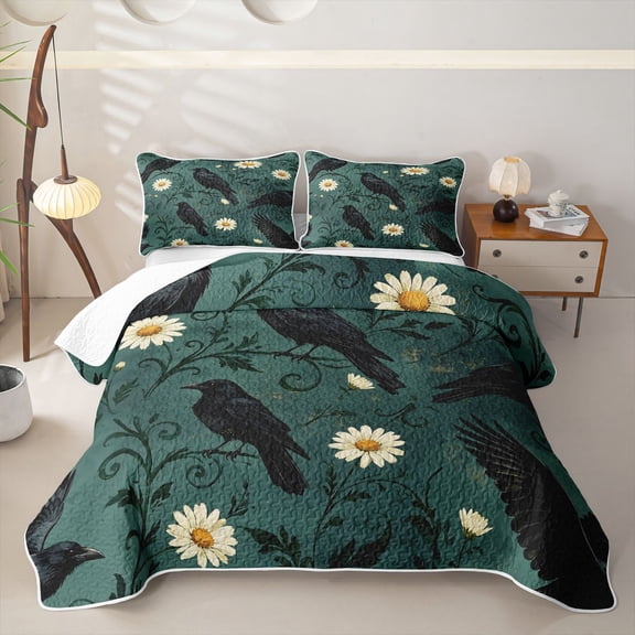 Homewish Gothic Halloween Crow Twin Quilt Set,Daisy Floral Pattern Twin Coverlet Set,Dark Teal White,2pcs