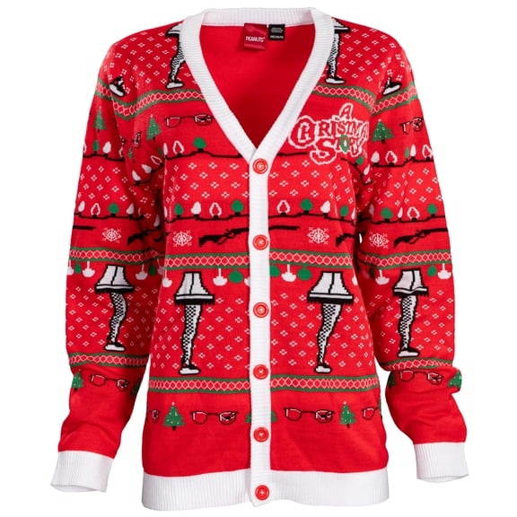 A Christmas Story Ralphie Broken Glasses and Leg Lamp Adult Ugly Christmas Sweater Button Up Cardigan