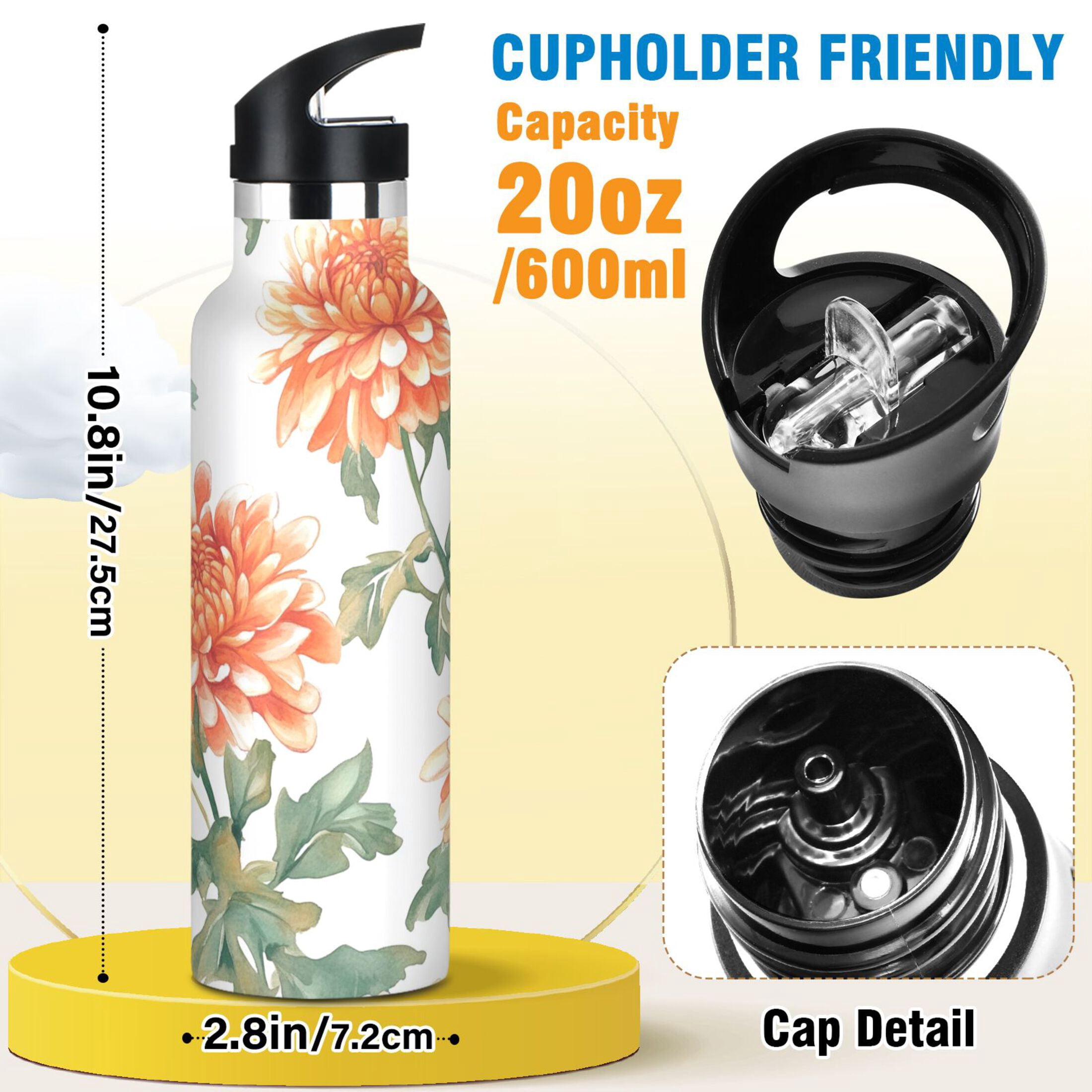 600ML Stainless Steel Insulated Cup Sports Water Bottle Portable Thermos Cup Water Glasses Insulated Tumblers Convenient and Durable Chrysanthemums Orange