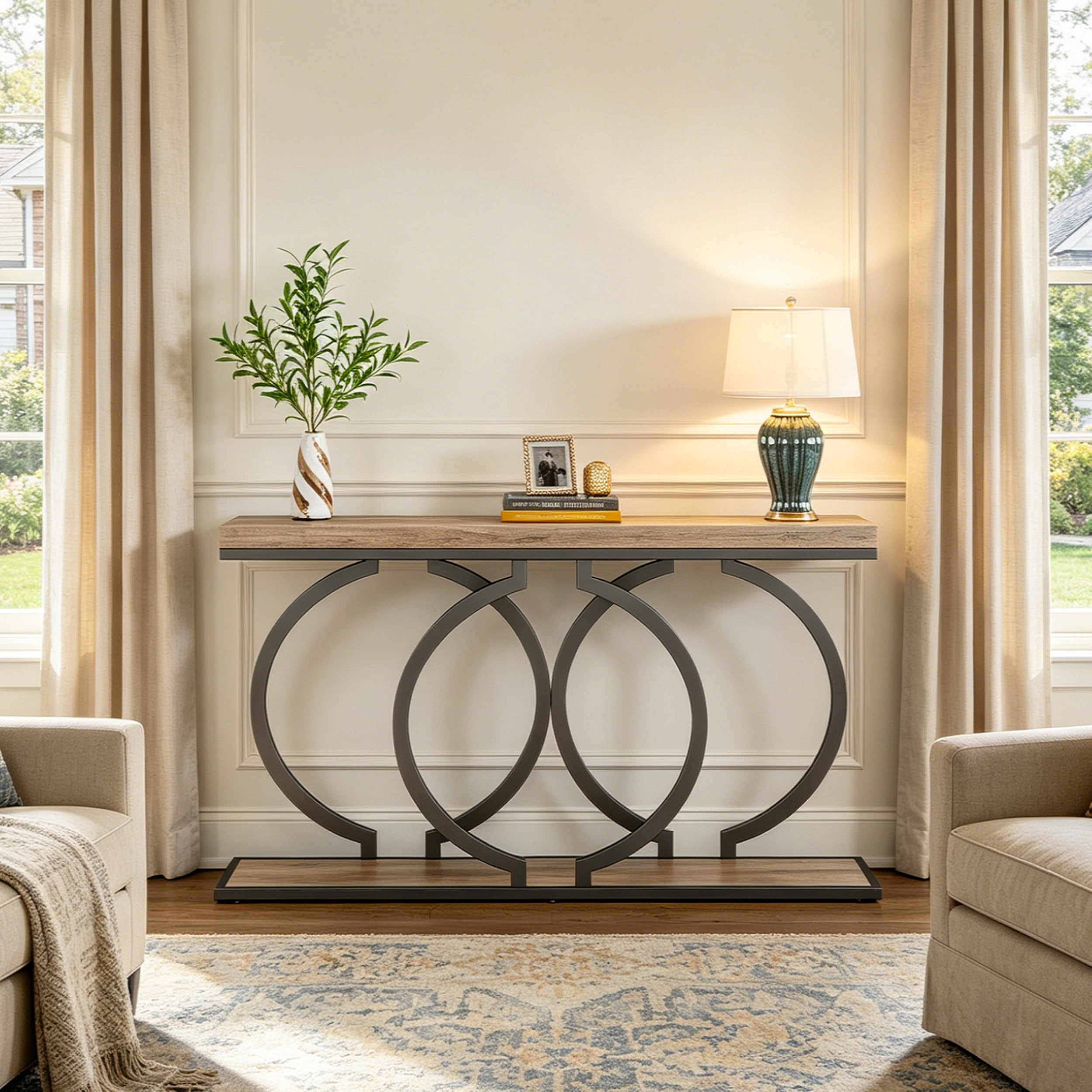 Fnova 55" Console Table, Modern Entryway Table with Geometric Metal Frame, Faux Marble Narrow Long Sofa Table for Living Room, Entrance, Hallway