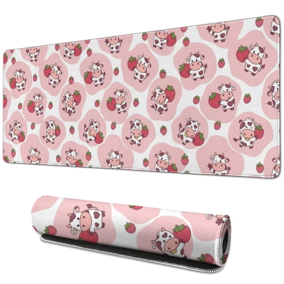 Long Mouse Pads for Desk,Pink Cow Strawberry Pattern Desk Mats on Top Of Desks, Desk Mouse Pad Extra Large with 3mm Non-Slip Base and Stitched Edge for Gaming,Office,Work,Home 31.5"x11.8"