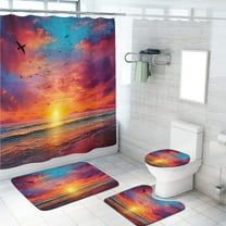 Beach 4 Piece Shower Curtain Sets Seaside Sunset Ocean Waves Blue Sky Seagull Coastal Waterproof Fabric Cloth Bath Curtain, Non-Slip Bathroom Rugs Bath Mats, 72x72 Inch
