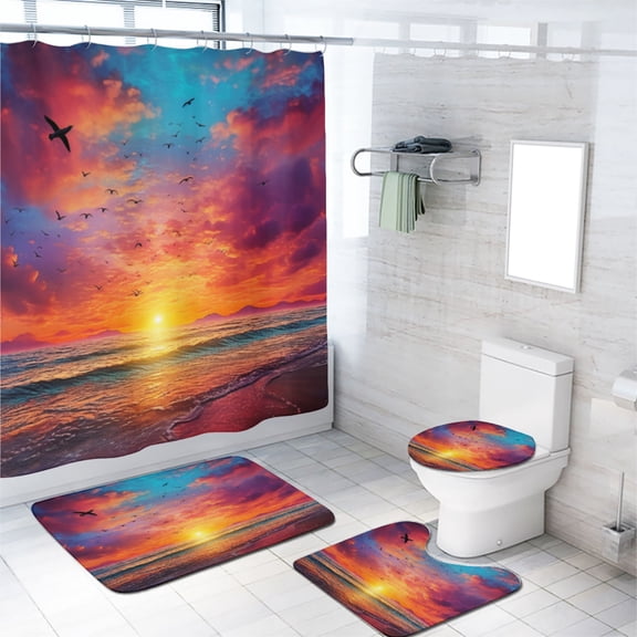 Beach 4 Piece Shower Curtain Sets Seaside Sunset Ocean Waves Blue Sky Seagull Coastal Waterproof Fabric Cloth Bath Curtain, Non-Slip Bathroom Rugs Bath Mats, 72x72 Inch