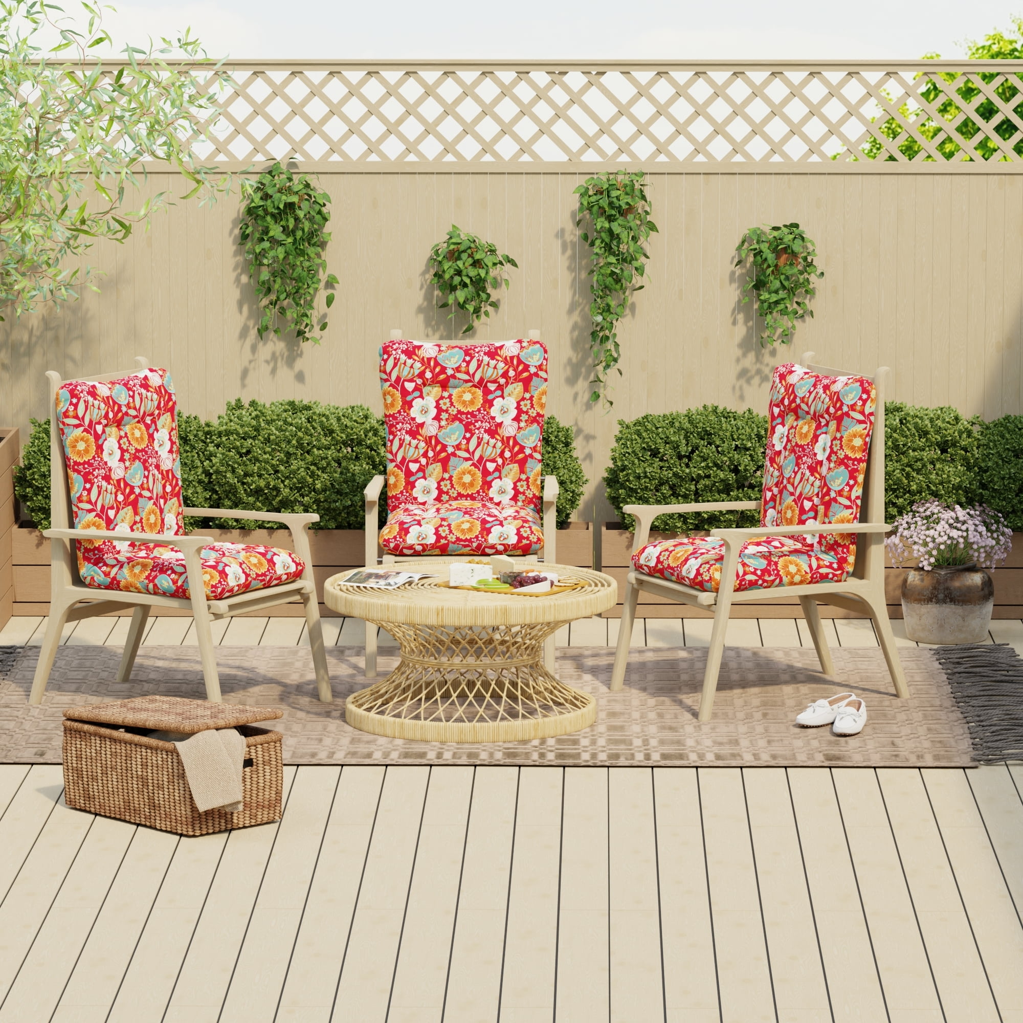 Jordan Manufacturing 38" x 21" Avianna Saxony Red Floral Rectangular Outdoor Wrought Iron Chair Cushion with Ties and Hanger Loop