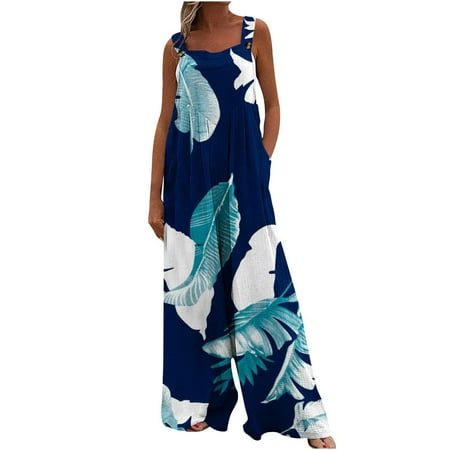 

Ausyst Plus Size Jumpsuits for Women Print Jumpsuit Pajamas Casual Buttons Pocket Sleeveless Wide Leg Long Bib Pantss Summer Baggy Rompers Clearance